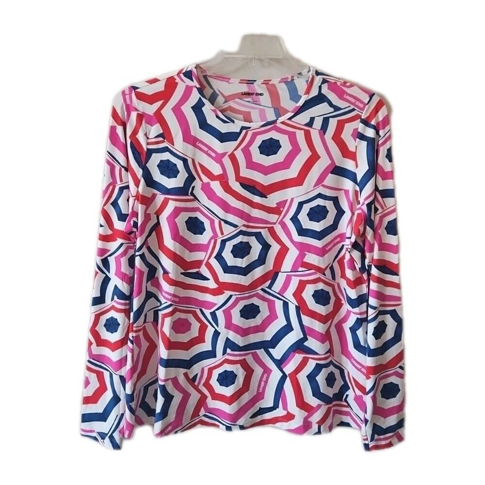 Land's End Shirt Womens Sz Large Beach Umbrellas Design Long Sleeves Stretch